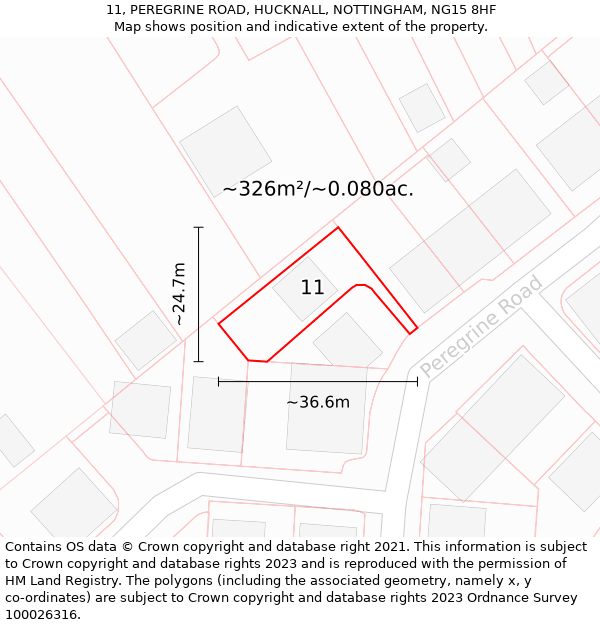 11, PEREGRINE ROAD, HUCKNALL, NOTTINGHAM, NG15 8HF: Plot and title map