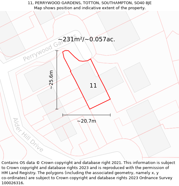 11, PERRYWOOD GARDENS, TOTTON, SOUTHAMPTON, SO40 8JE: Plot and title map