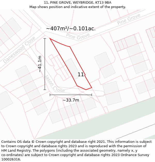 11, PINE GROVE, WEYBRIDGE, KT13 9BA: Plot and title map