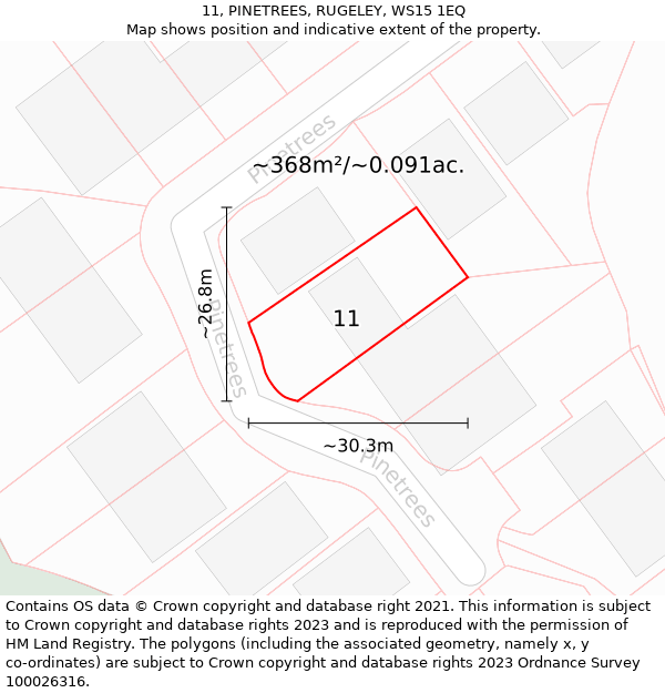 11, PINETREES, RUGELEY, WS15 1EQ: Plot and title map