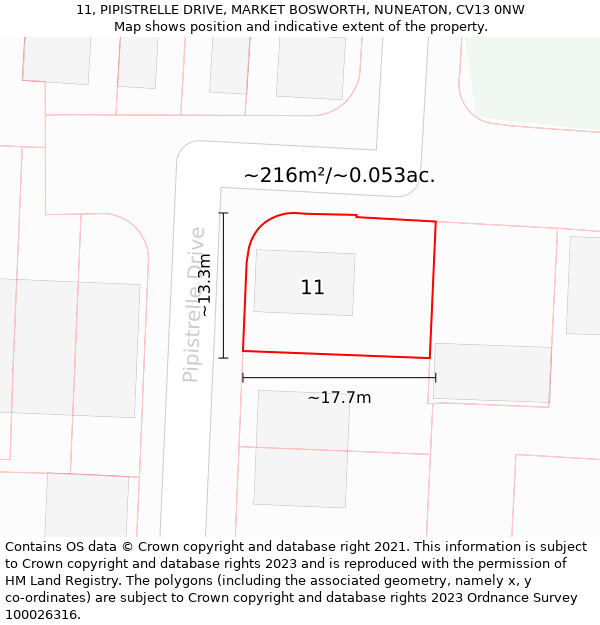 11, PIPISTRELLE DRIVE, MARKET BOSWORTH, NUNEATON, CV13 0NW: Plot and title map