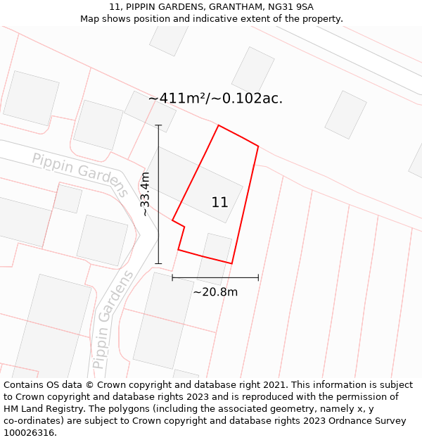 11, PIPPIN GARDENS, GRANTHAM, NG31 9SA: Plot and title map