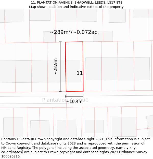 11, PLANTATION AVENUE, SHADWELL, LEEDS, LS17 8TB: Plot and title map