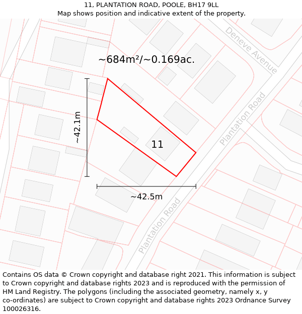 11, PLANTATION ROAD, POOLE, BH17 9LL: Plot and title map