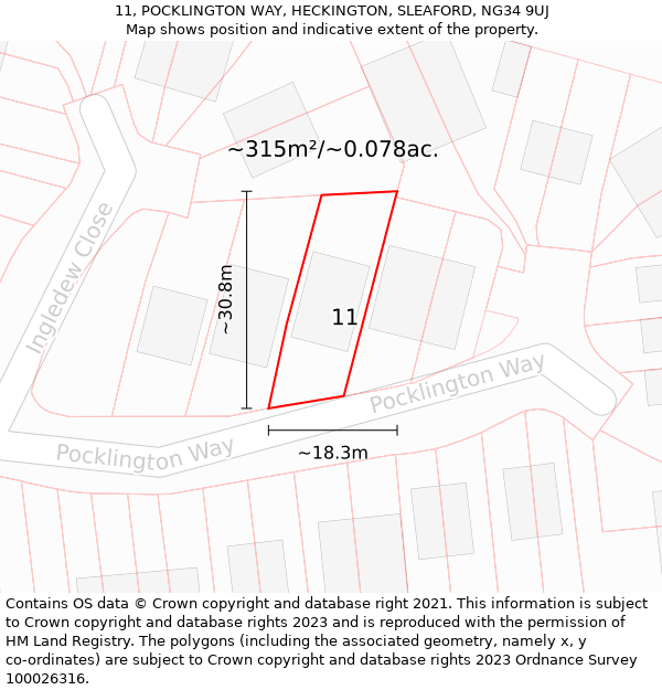 11, POCKLINGTON WAY, HECKINGTON, SLEAFORD, NG34 9UJ: Plot and title map