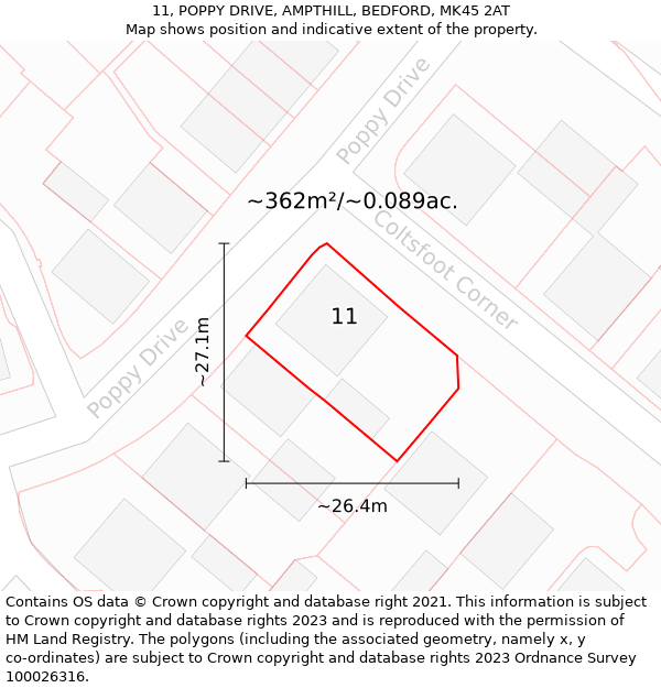 11, POPPY DRIVE, AMPTHILL, BEDFORD, MK45 2AT: Plot and title map