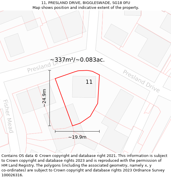 11, PRESLAND DRIVE, BIGGLESWADE, SG18 0FU: Plot and title map