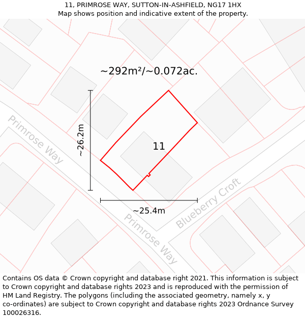 11, PRIMROSE WAY, SUTTON-IN-ASHFIELD, NG17 1HX: Plot and title map