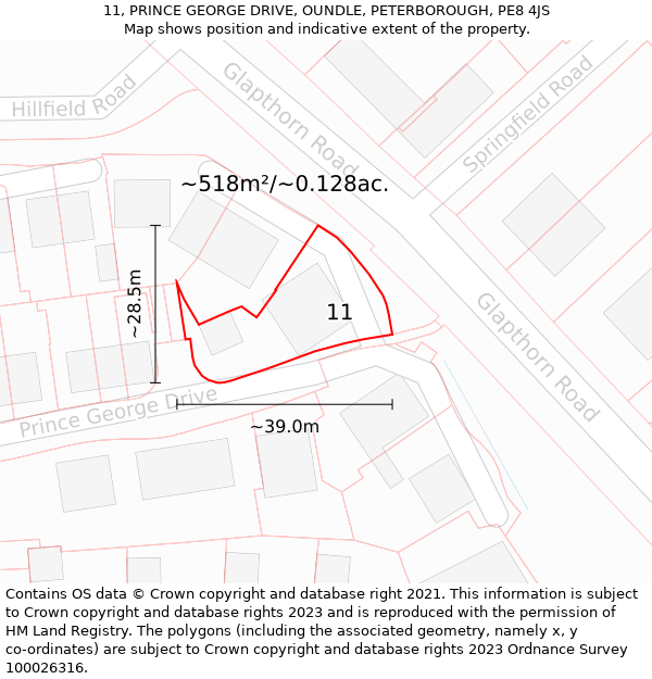 11, PRINCE GEORGE DRIVE, OUNDLE, PETERBOROUGH, PE8 4JS: Plot and title map