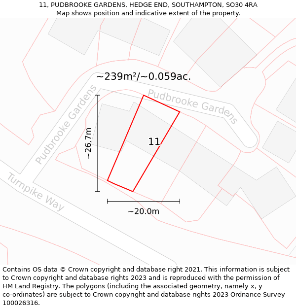 11, PUDBROOKE GARDENS, HEDGE END, SOUTHAMPTON, SO30 4RA: Plot and title map