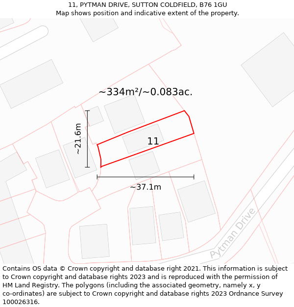 11, PYTMAN DRIVE, SUTTON COLDFIELD, B76 1GU: Plot and title map