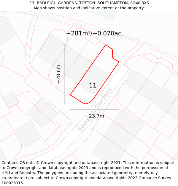 11, RADLEIGH GARDENS, TOTTON, SOUTHAMPTON, SO40 8XS: Plot and title map