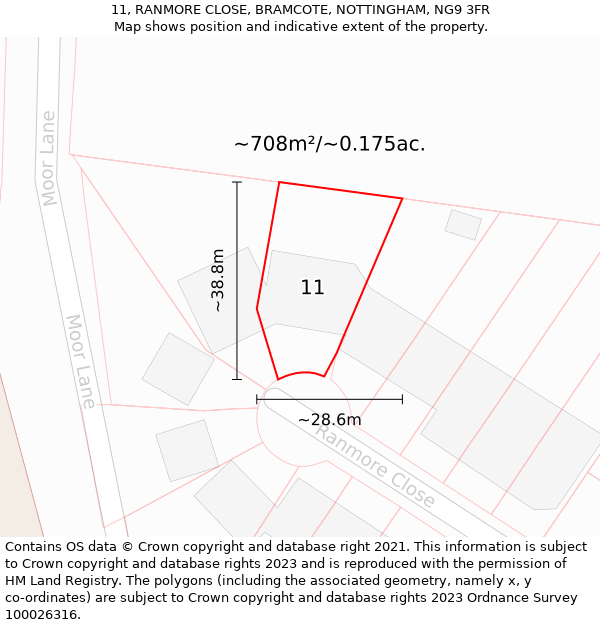 11, RANMORE CLOSE, BRAMCOTE, NOTTINGHAM, NG9 3FR: Plot and title map