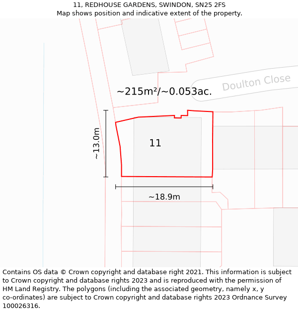 11, REDHOUSE GARDENS, SWINDON, SN25 2FS: Plot and title map