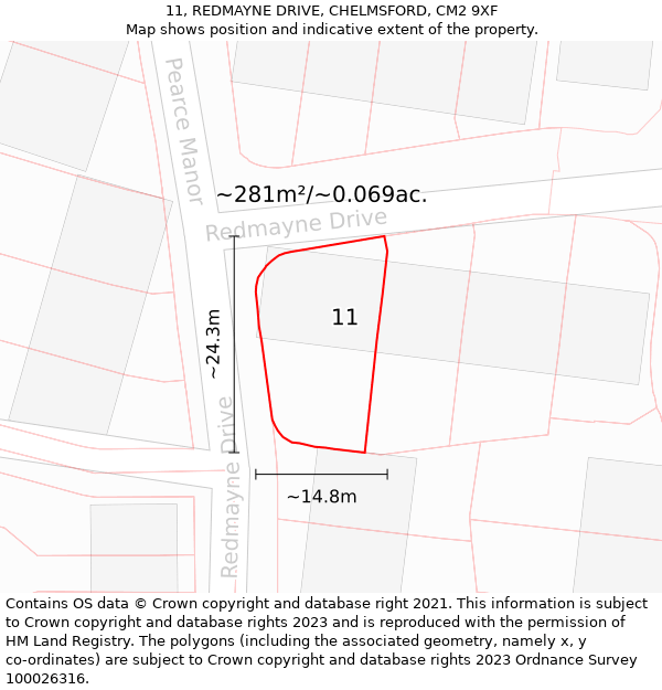 11, REDMAYNE DRIVE, CHELMSFORD, CM2 9XF: Plot and title map