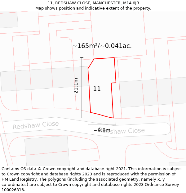 11, REDSHAW CLOSE, MANCHESTER, M14 6JB: Plot and title map