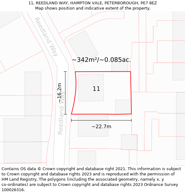 11, REEDLAND WAY, HAMPTON VALE, PETERBOROUGH, PE7 8EZ: Plot and title map