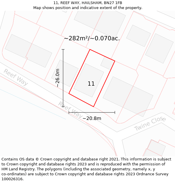 11, REEF WAY, HAILSHAM, BN27 1FB: Plot and title map