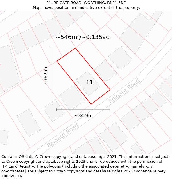 11, REIGATE ROAD, WORTHING, BN11 5NF: Plot and title map