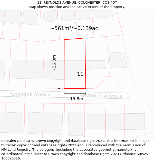 11, REYNOLDS AVENUE, COLCHESTER, CO3 4QT: Plot and title map