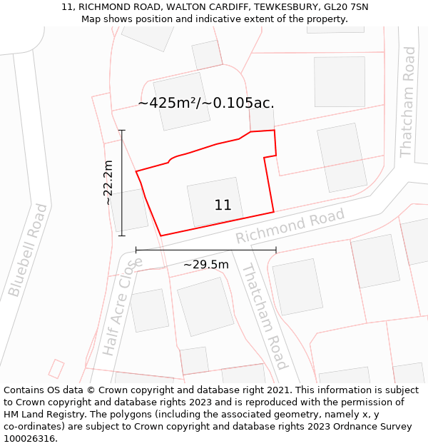 11, RICHMOND ROAD, WALTON CARDIFF, TEWKESBURY, GL20 7SN: Plot and title map