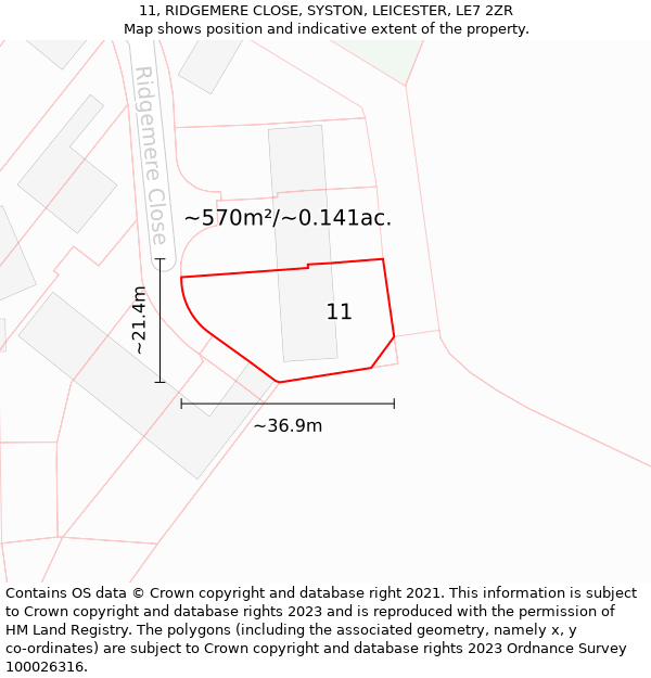 11, RIDGEMERE CLOSE, SYSTON, LEICESTER, LE7 2ZR: Plot and title map