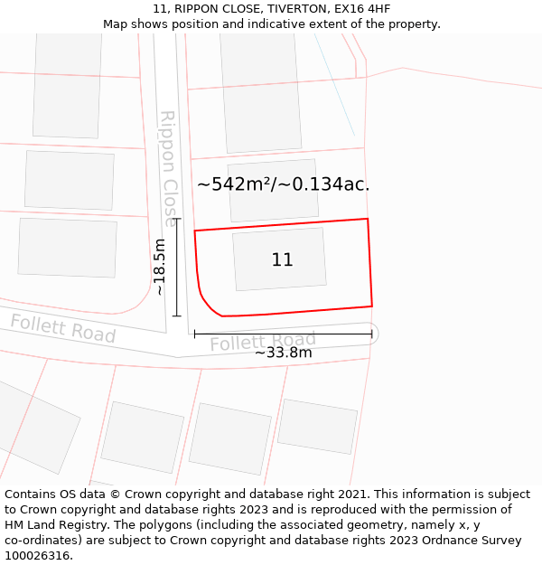 11, RIPPON CLOSE, TIVERTON, EX16 4HF: Plot and title map