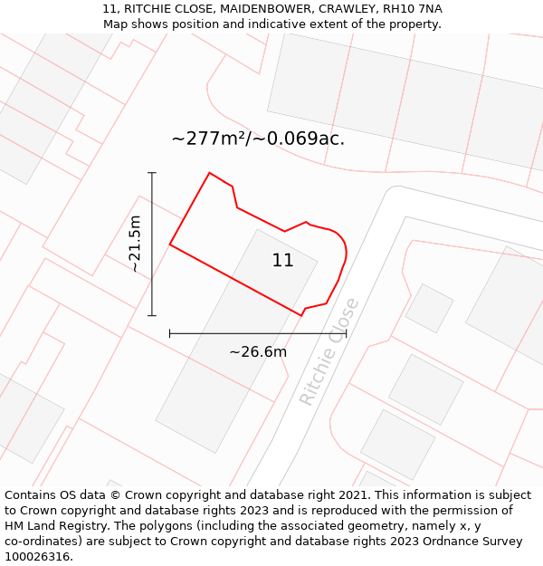 11, RITCHIE CLOSE, MAIDENBOWER, CRAWLEY, RH10 7NA: Plot and title map