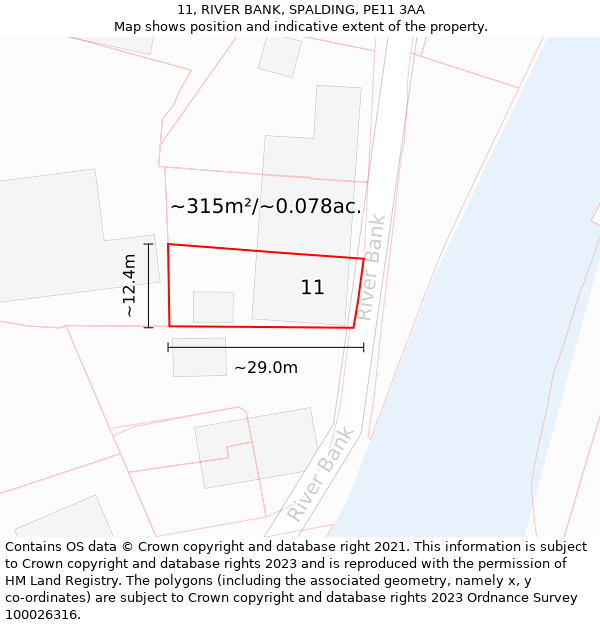 11, RIVER BANK, SPALDING, PE11 3AA: Plot and title map