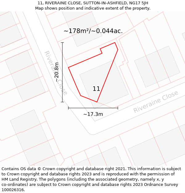 11, RIVERAINE CLOSE, SUTTON-IN-ASHFIELD, NG17 5JH: Plot and title map