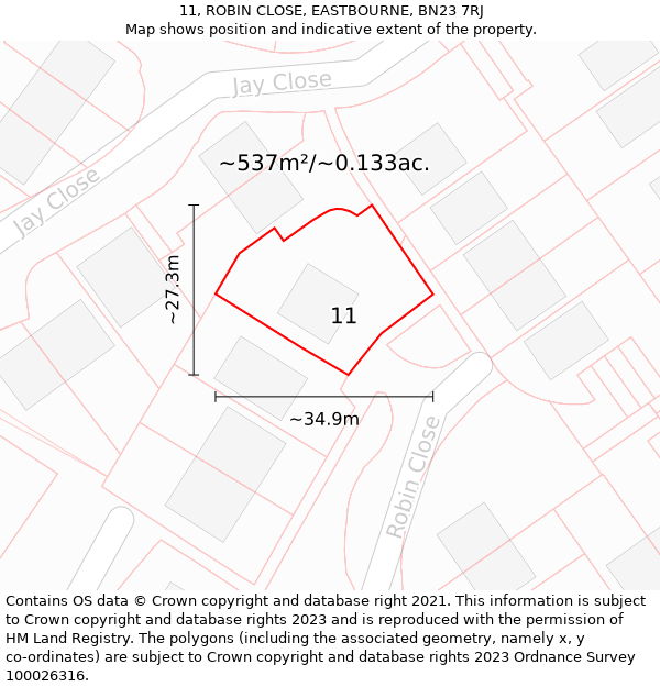 11, ROBIN CLOSE, EASTBOURNE, BN23 7RJ: Plot and title map