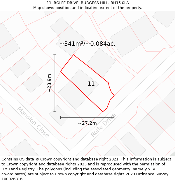 11, ROLFE DRIVE, BURGESS HILL, RH15 0LA: Plot and title map