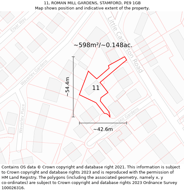 11, ROMAN MILL GARDENS, STAMFORD, PE9 1GB: Plot and title map