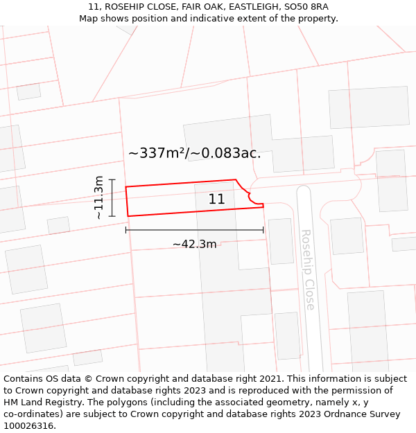 11, ROSEHIP CLOSE, FAIR OAK, EASTLEIGH, SO50 8RA: Plot and title map