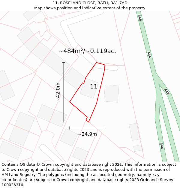 11, ROSELAND CLOSE, BATH, BA1 7AD: Plot and title map