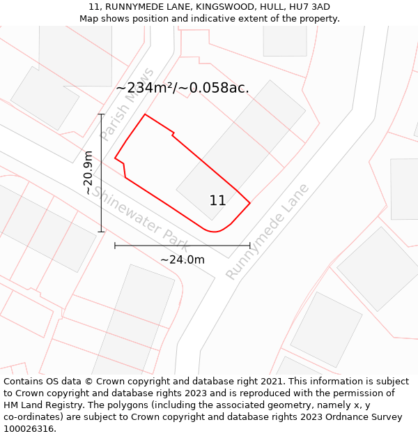 11, RUNNYMEDE LANE, KINGSWOOD, HULL, HU7 3AD: Plot and title map