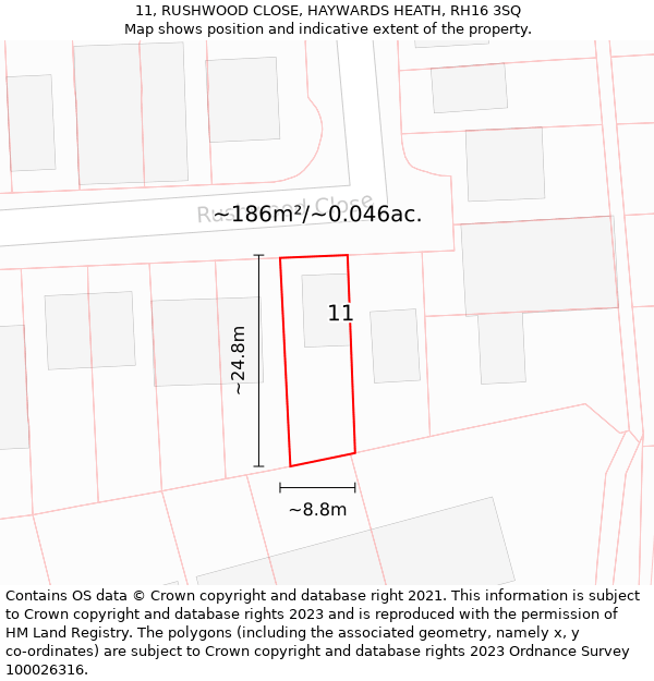 11, RUSHWOOD CLOSE, HAYWARDS HEATH, RH16 3SQ: Plot and title map