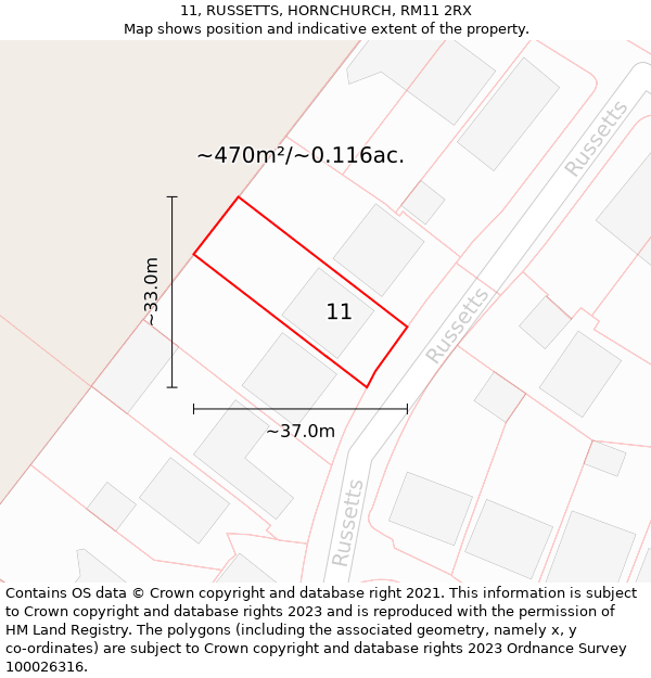 11, RUSSETTS, HORNCHURCH, RM11 2RX: Plot and title map