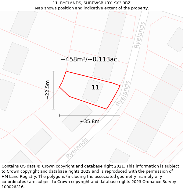 11, RYELANDS, SHREWSBURY, SY3 9BZ: Plot and title map