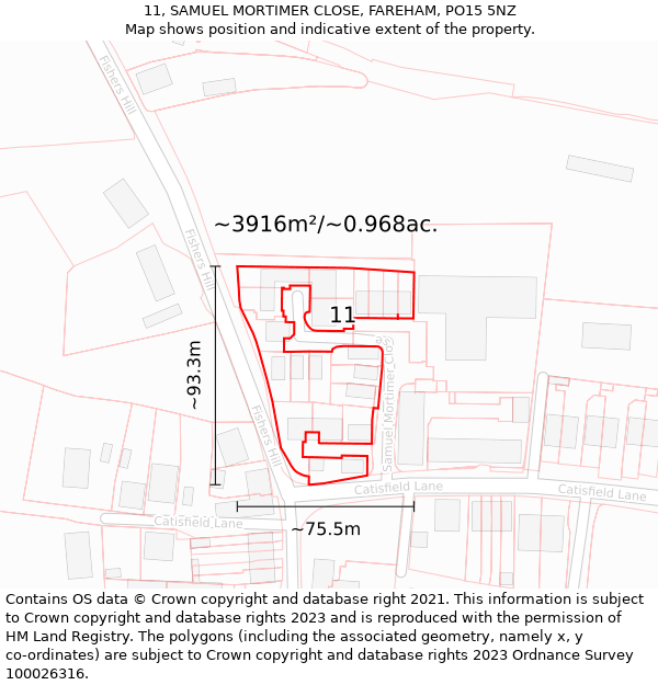 11, SAMUEL MORTIMER CLOSE, FAREHAM, PO15 5NZ: Plot and title map