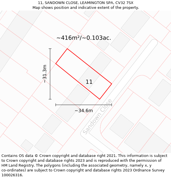 11, SANDOWN CLOSE, LEAMINGTON SPA, CV32 7SX: Plot and title map