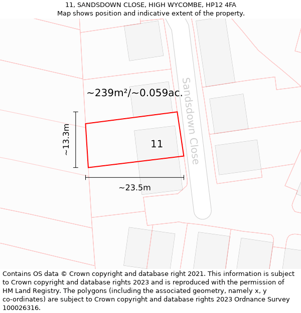 11, SANDSDOWN CLOSE, HIGH WYCOMBE, HP12 4FA: Plot and title map