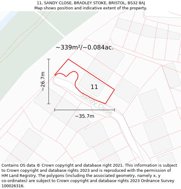 11, SANDY CLOSE, BRADLEY STOKE, BRISTOL, BS32 8AJ: Plot and title map