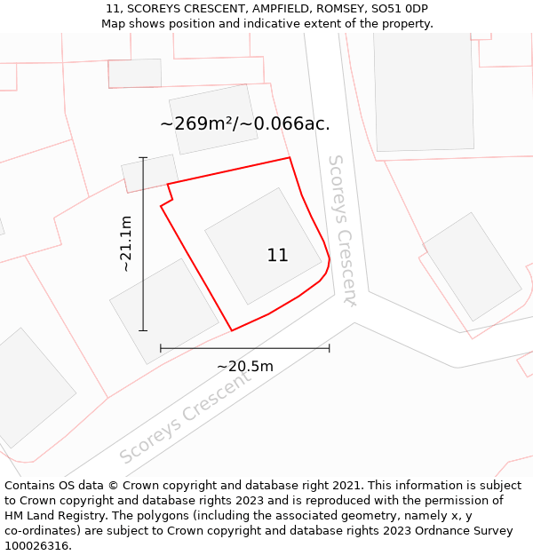 11, SCOREYS CRESCENT, AMPFIELD, ROMSEY, SO51 0DP: Plot and title map