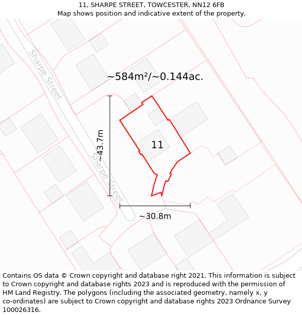 11, SHARPE STREET, TOWCESTER, NN12 6FB: Plot and title map