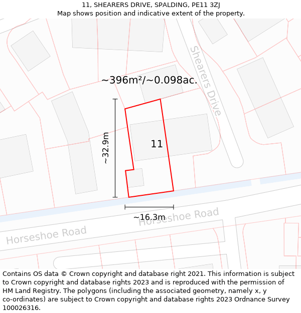 11, SHEARERS DRIVE, SPALDING, PE11 3ZJ: Plot and title map