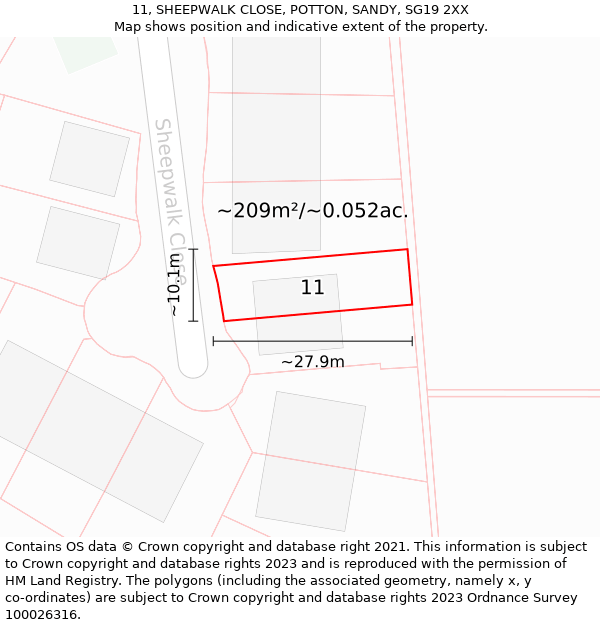 11, SHEEPWALK CLOSE, POTTON, SANDY, SG19 2XX: Plot and title map