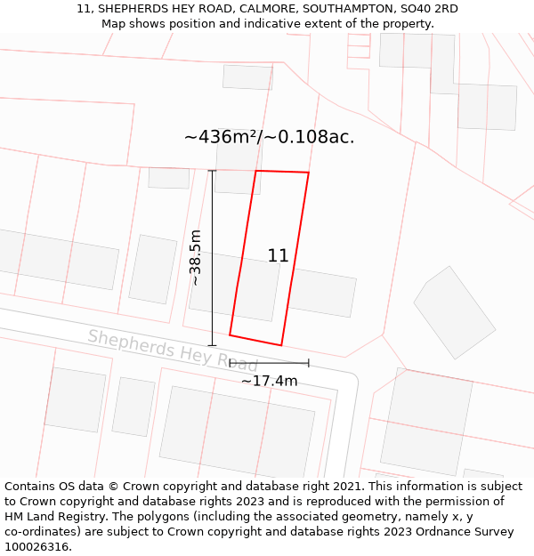 11, SHEPHERDS HEY ROAD, CALMORE, SOUTHAMPTON, SO40 2RD: Plot and title map