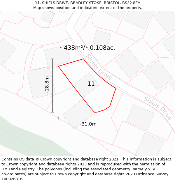 11, SHIELS DRIVE, BRADLEY STOKE, BRISTOL, BS32 8EA: Plot and title map