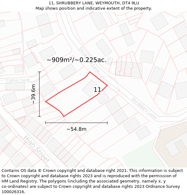 11, SHRUBBERY LANE, WEYMOUTH, DT4 9LU: Plot and title map